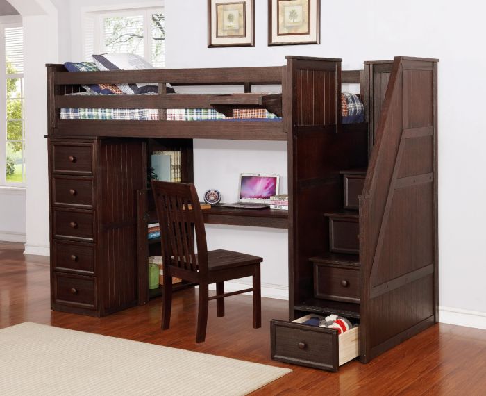 twin loft bed with desk and stairs